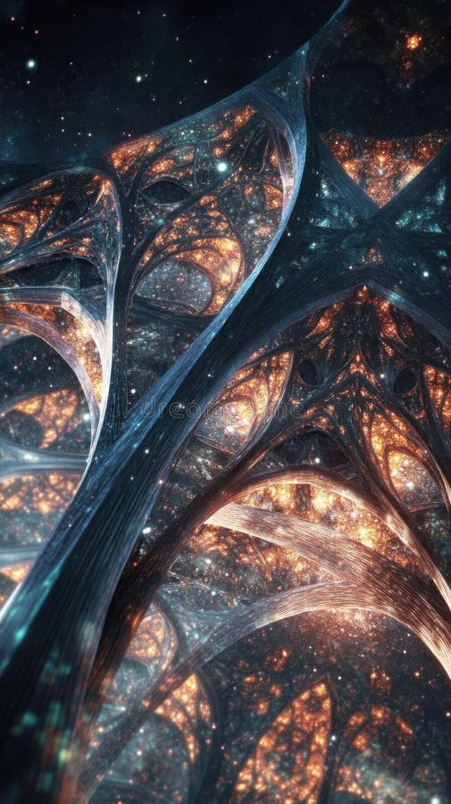Exploring a cosmic fractal structure, intricate patterns and glowing lights in space royalty free illustration