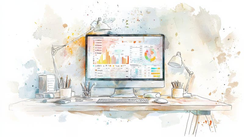Exploring Data Analytics for Business Insights via a Computer Setup on a Professional Office Desk stock illustration