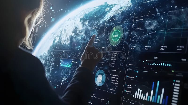 Exploring data insights global view digital display interactive environment user engagement technology stock illustration