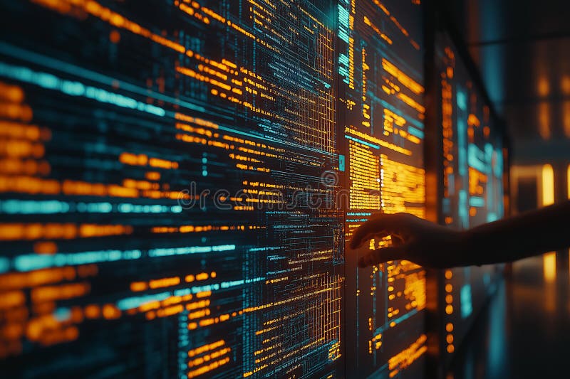 Exploring data streams in a neon-lit digital environment during late-night coding session. Generative AI stock illustration