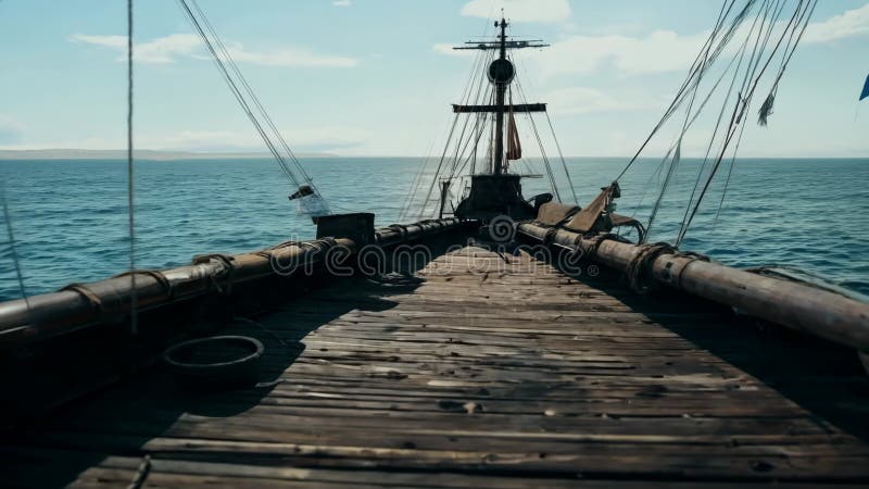 Exploring the deck of an abandoned pirate ship on a calm ocean day royalty free illustration