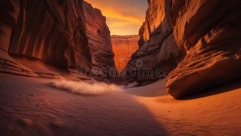 Sunset in a Red Rock Canyon, Dramatic Desert Landscape vector illustration