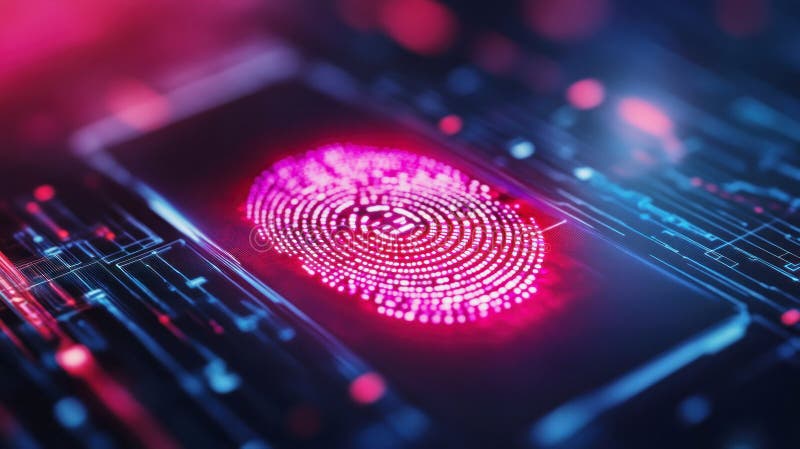 Exploring the digital fingerprint technology shown on a smartphone with vibrant illumination against a high-tech stock photo