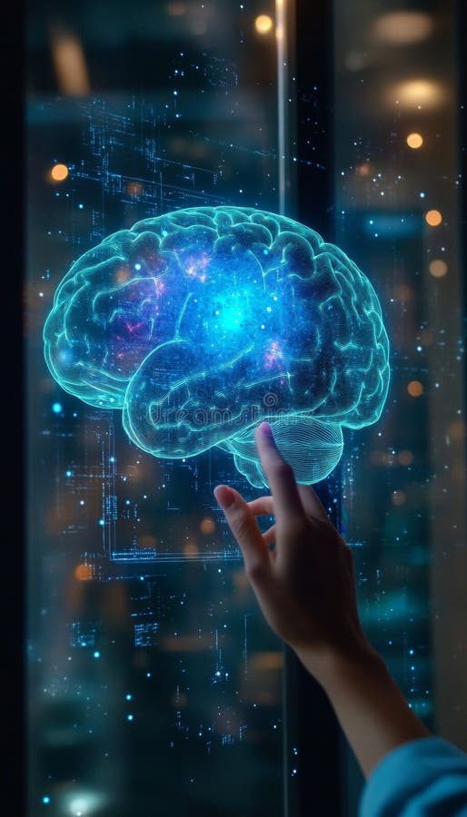 Exploring the Digital Mind A Hand Touches a Holographic Brain Visualization, Neural Networks stock illustration