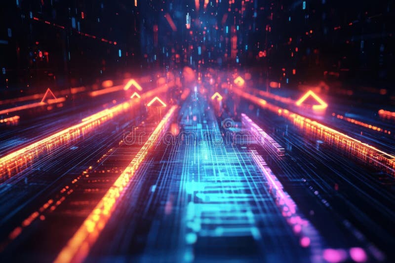 Exploring digital pathways, a vibrant journey into technological advancement stock illustration
