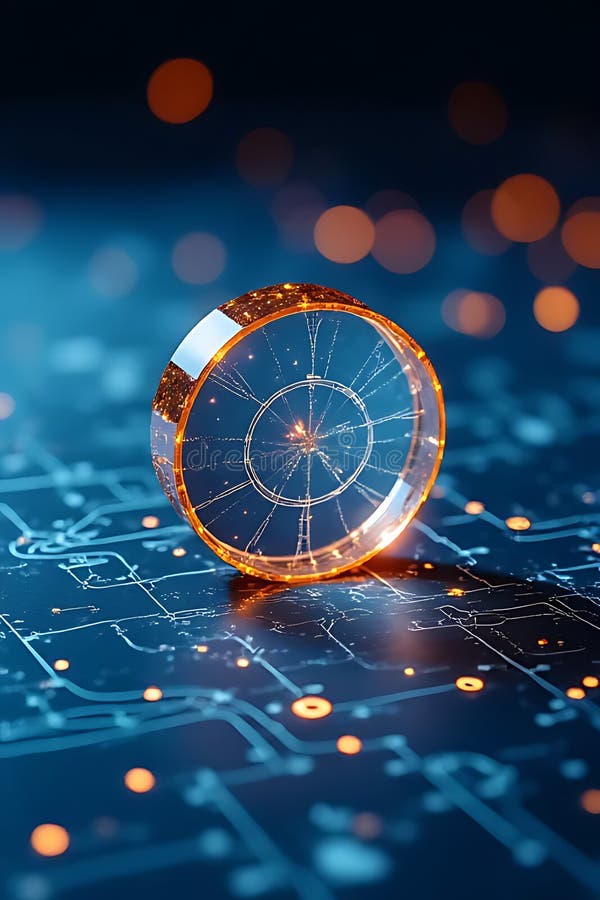 Exploring digital technology circular interface on circuit board abstract art futuristic setting stock illustration