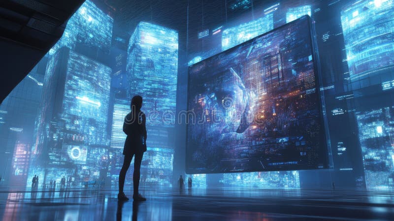 Exploring digital technology interactions with virtual screens in a futuristic networked world stock illustration
