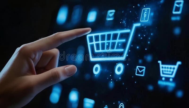 Exploring E-Commerce, Finger Hovering over Illuminated Shopping Cart Icon on Digital Interface royalty free illustration