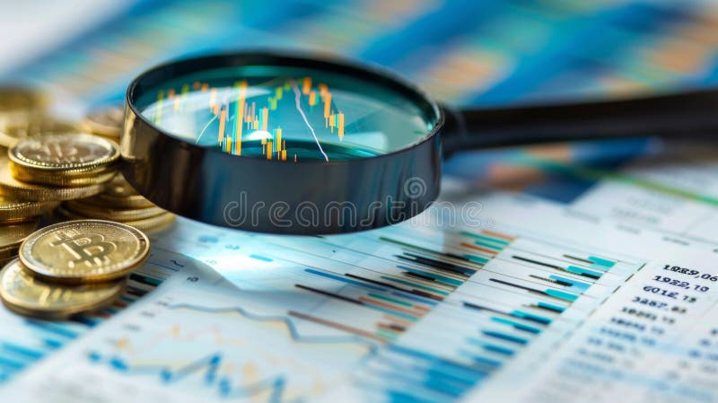 Exploring financial charts with magnify glass for in-depth analysis and insights. vector illustration