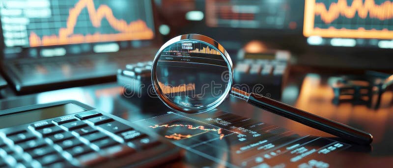 Exploring financial data with charts, a calculator, and a magnifying glass in a rustic-themed workspace royalty free illustration