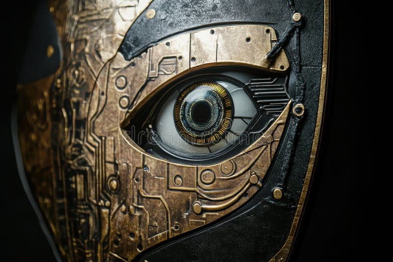 A shield showcases advanced cybernetic designs and a detailed robotic eye, symbolizing the intersection of technology and cybersecurity. Shield artificial intelligence stock images, royalty-free photos and pictures