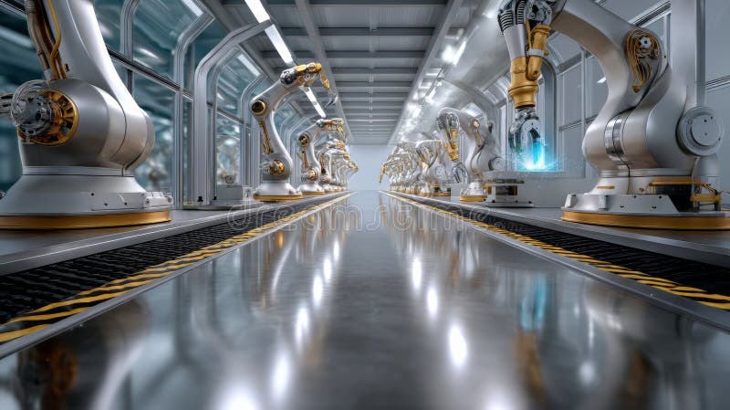 Exploring the Future: A Long Row of Robots Showcasing AI and Robotics Innovations in Automation Technologies royalty free illustration
