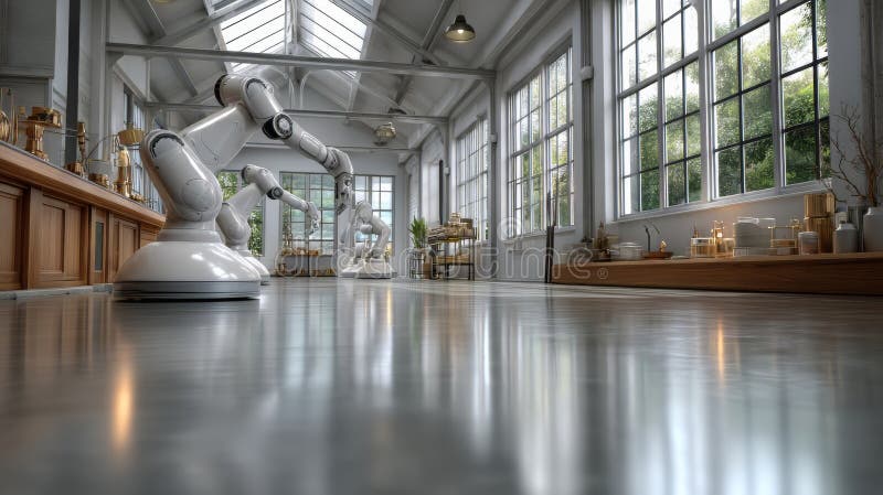Exploring the Future of Robotics and AI Innovations in a Conceptual Smart Factory Design royalty free illustration