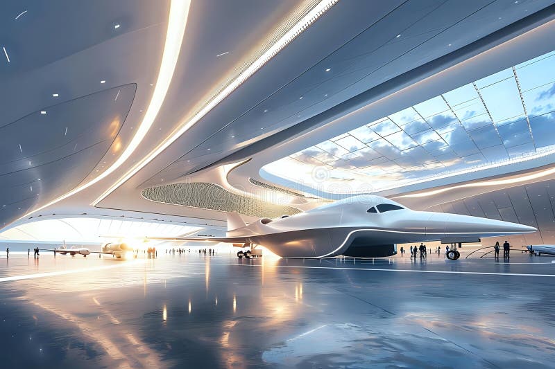Exploring Futuristic Aircraft Design, A Sleek, Supersonic Jet in a Modern Hangar with Innovative Architecture, Show stock illustration
