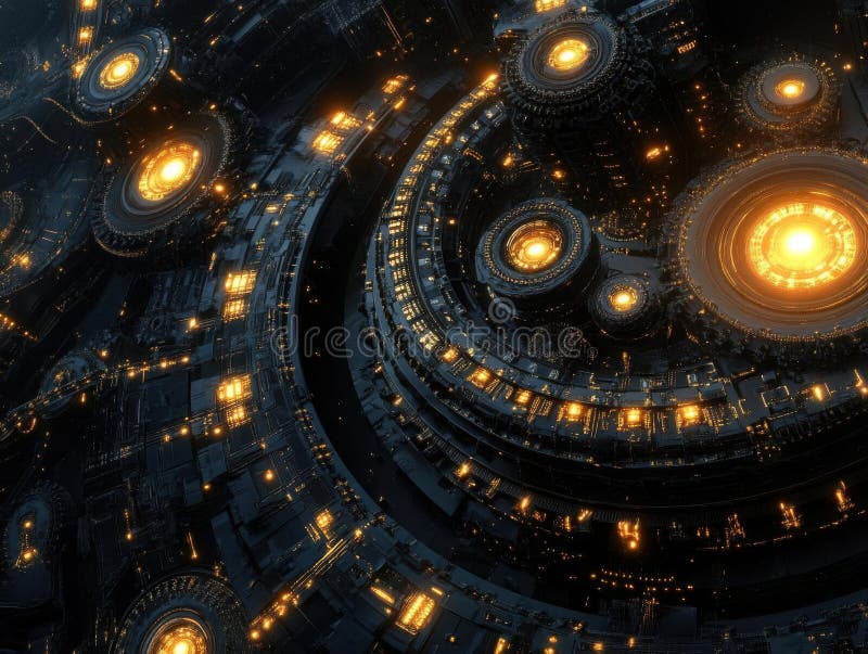 Exploring Futuristic Cityscapes, A Glowing Metropolis of Intricate Designs and Circuits, Illuminating the Urban Fut stock illustration