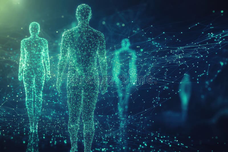 Exploring a futuristic digital landscape with human silhouettes and matrix code. Generative AI stock photography