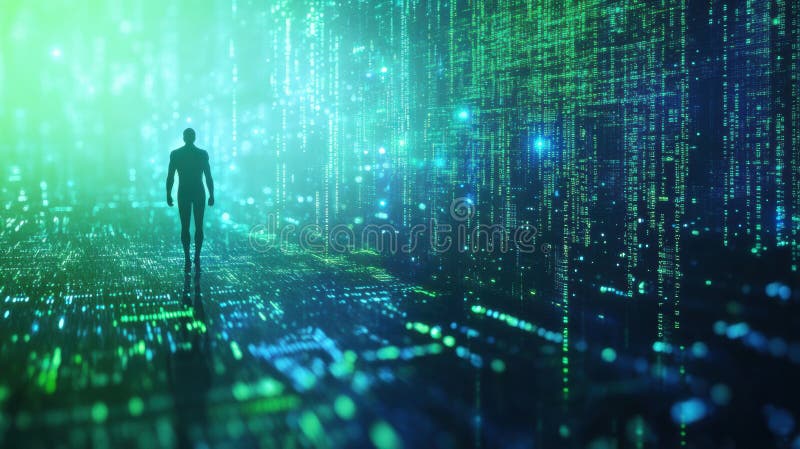 Exploring a futuristic digital world with human silhouettes and floating matrix code. Generative AI stock photo