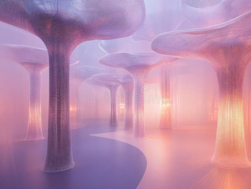 Exploring a futuristic ethereal space with glowing mesh columns royalty free illustration