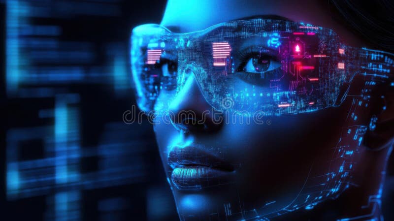 Exploring futuristic eyewear, digital overlays enhance vision vector illustration