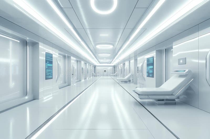 Exploring Futuristic Hospital Corridor Design, Clean, Bright, and Sterile Spaces, Advanced Technology Integration stock illustration