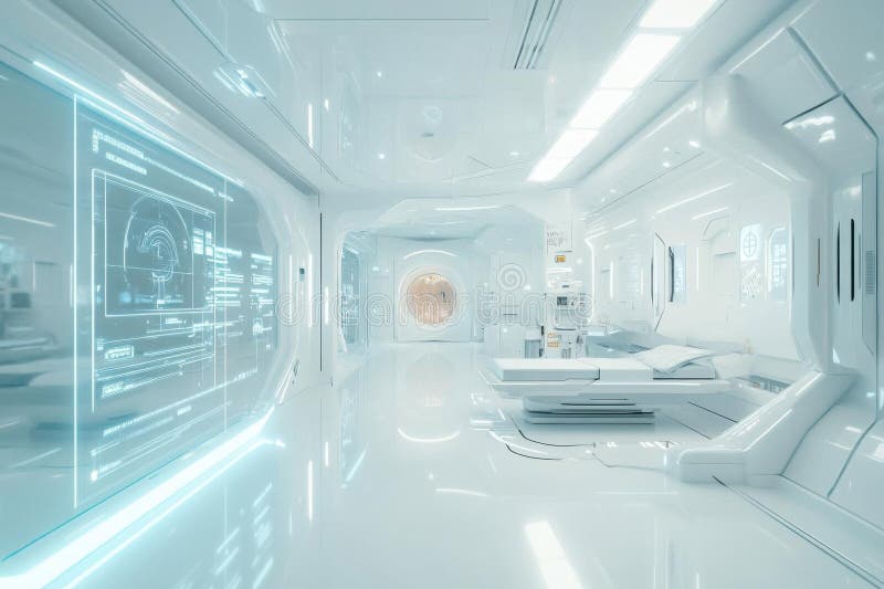 Exploring futuristic hospital, a sterile, sleek design with advanced technology stock illustration