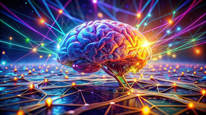 Exploring the Futuristic Landscape of Artificial Intelligence A Glowing Neural Network Visualization of Advanced AI stock illustration