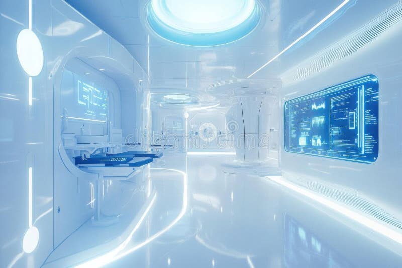 Exploring a futuristic medical facility, a sterile, white corridor with glowing screens and advanced technology stock illustration