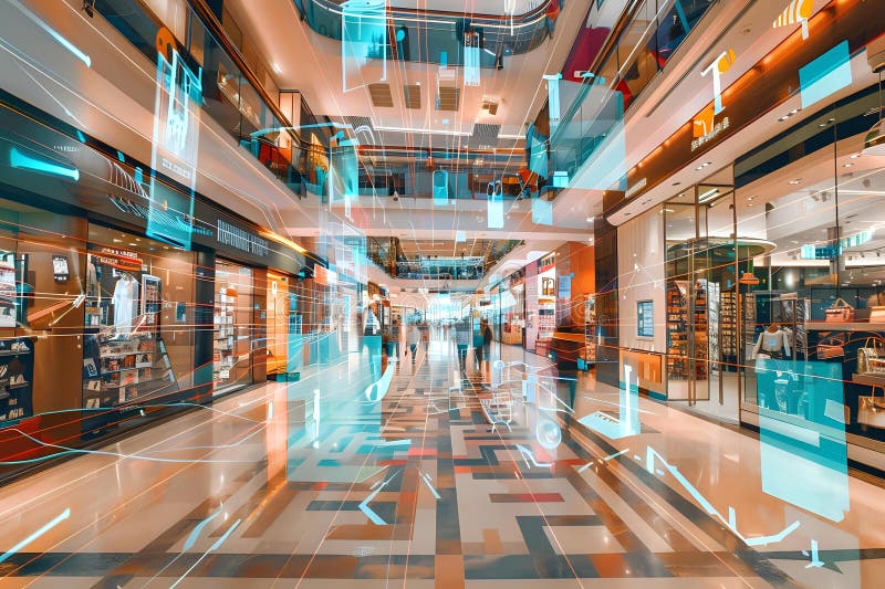 Exploring Futuristic Retail, A Glimpse into Modern Shopping Malls with Interactive Displays and Digital Interfaces royalty free illustration