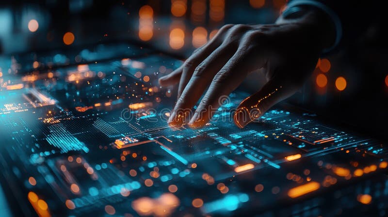 Exploring a futuristic tech environment visual data and digital workspace interaction royalty free stock photos