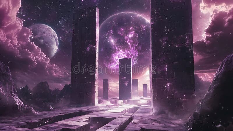 Exploring a futuristic urban landscape with majestic structures under a celestial sky and ethereal elements vector illustration