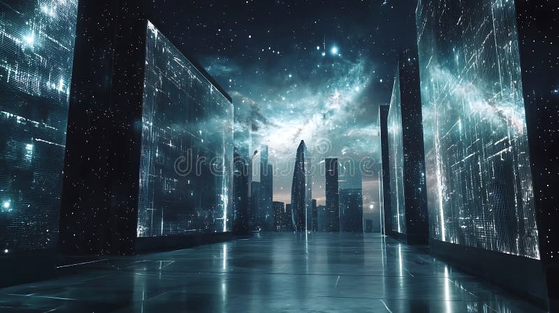 Exploring a futuristic urban landscape with transparent walls and cosmic views in a stunning digital realm vector illustration