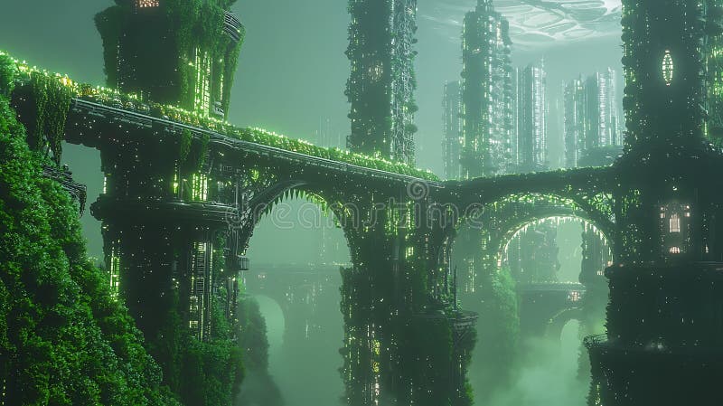 Exploring a futuristic urban landscape where green foliage intertwines with glowing structures to create a harmonious environment vector illustration