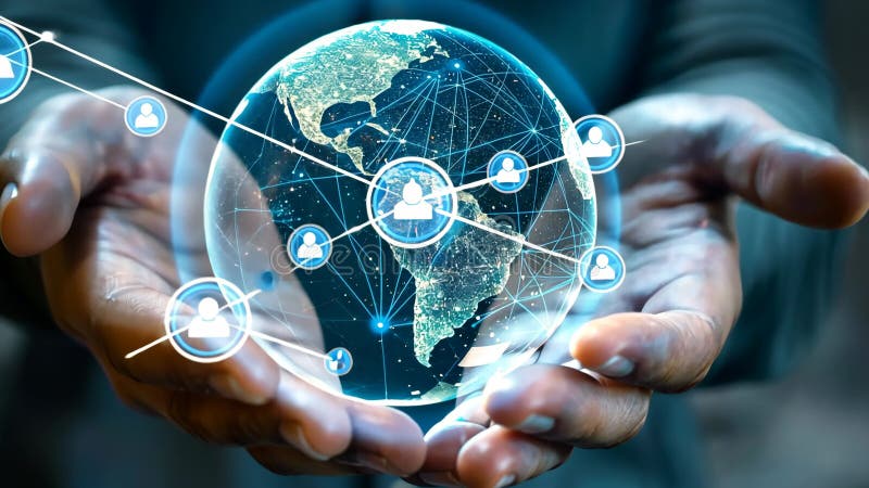 Exploring global connection with a digital globe in hands stock illustration