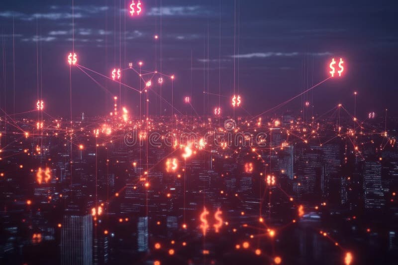 Exploring Global Finance, A City\'s Night Network of Digital Currency royalty free illustration