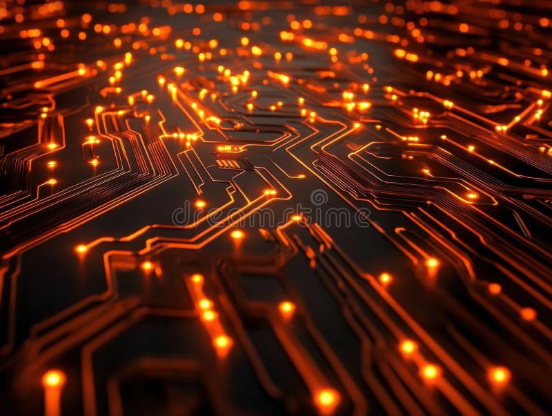 Exploring Glowing Circuit Board Paths, A Microscopic View royalty free illustration