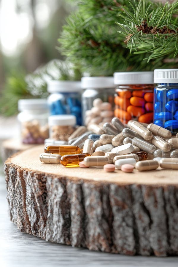 Exploring herbal tablets against a natural wood backdrop in bright midday light. Generative AI stock photos