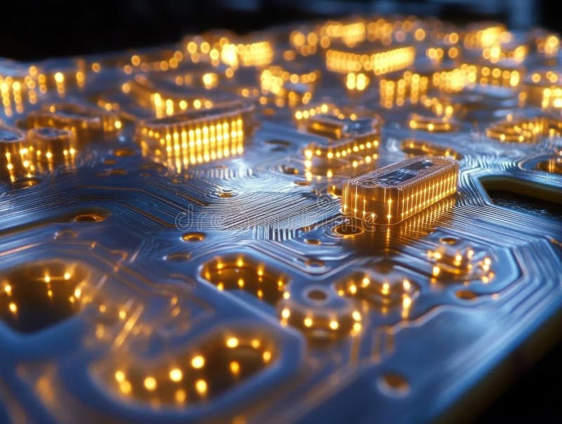 Exploring Illuminated Circuit Board\'s Intricate Pathways of Light and Technology stock illustration