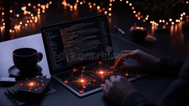 Exploring innovative coding techniques home office digital workspace nighttime close-up technology insights stock illustration
