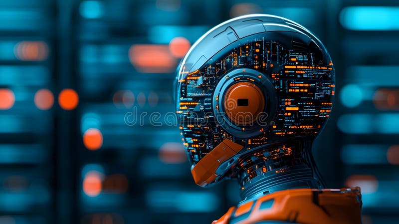 Exploring the Intricacies of a Futuristic Robot in an Advanced Tech Environment with Vibrant Colors stock illustration