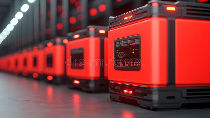 Exploring the Intricacies of Robotic Sorting Technology and Its Handling of Sensitive Items Today. A close-up view of sleek red robotic sorting containers lined up in a high-tech warehouse environment. The background is slightly blurred, emphasizing the precision of the equipment