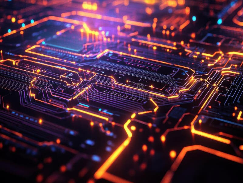 Exploring intricate circuits, a close-up view of digital pathways stock illustration