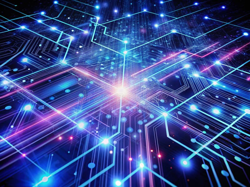 Exploring the Intricate Network of AI Circuitry A Long Exposure Abstract of Machine Learning and Digital Technology stock illustration