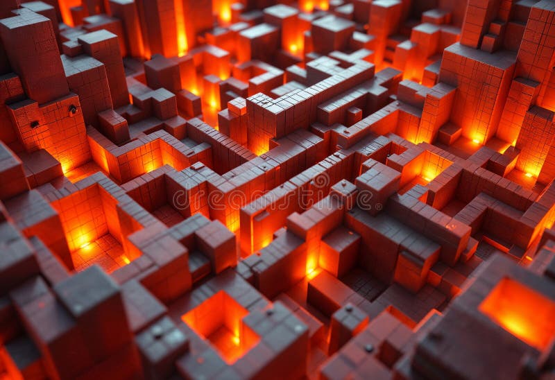 Exploring a Labyrinth of Glowing Red Structures in a Mystical Landscape. Generative AI stock illustration