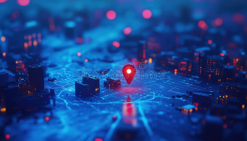 Exploring Location On Map And Placing Pin Above Blue Tone Cityscape With Network Connection stock photos