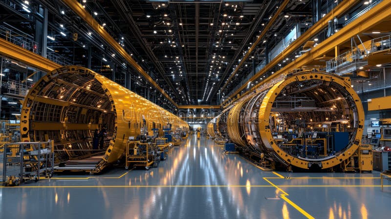 Exploring the Massive Yellow Machines in an Innovative Aircraft Manufacturing Plant: A Look at Industrial Machinery stock illustration