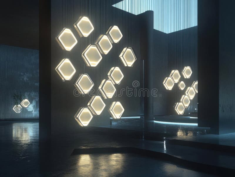 Exploring modern hexagon lights in a dark building stock illustration
