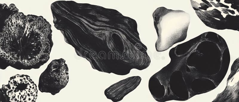 Exploring organic black ink patterns blending with natural shapes on a white background vector illustration