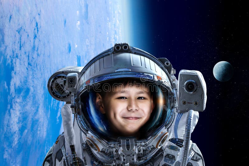 Exploring outer space. Mixed media. Kid boy astronaut in space over Earth planet. Elements of this image furnished by NASA