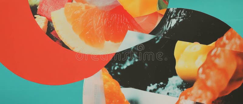 Exploring playful food combinations in a minimalistic mixed media collage. Abstract representations of food blend in a colorful collage surrounded by textured cutouts. AI generated