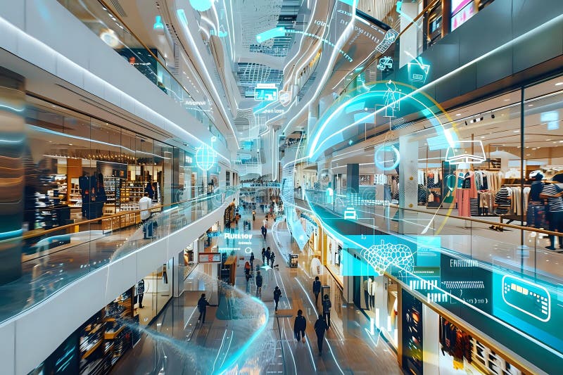 Exploring Smart Shopping Malls, Advanced Technology Integrates with Retail Design for Enhanced Customer Experience royalty free illustration